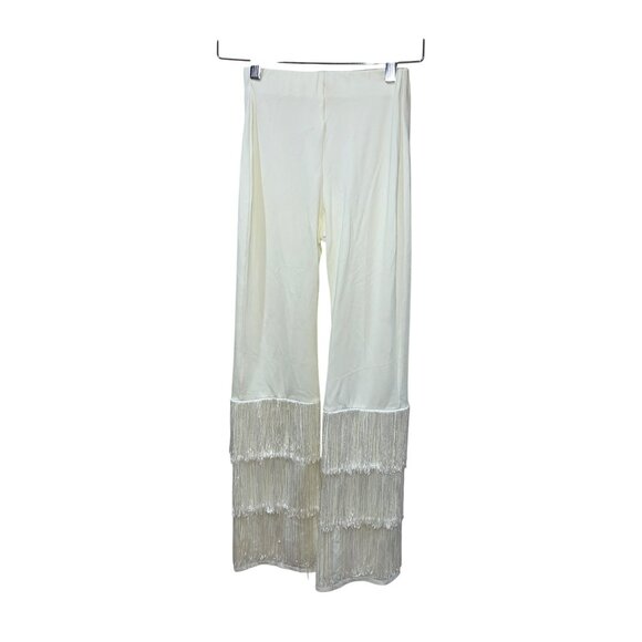 Vintage White Ivory Fringe Bell Bottom Pants Nylon & Lycra Size S - Picture 1 of 6